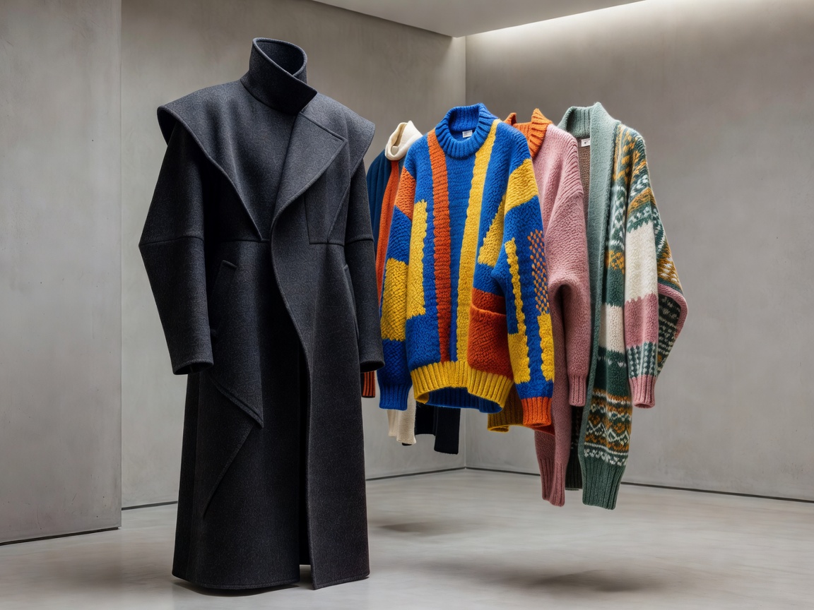 Colourful knitwear pattern and sculptural outerwear from a luxury Belgian fashion house