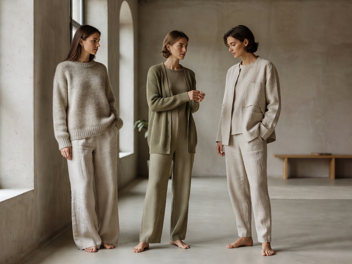 Natural fibre knitwear and relaxed tailoring representing sustainable contemporary Belgian fashion