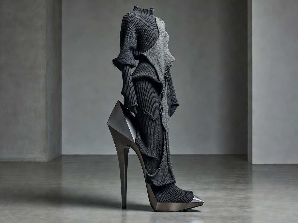Sculptural heel and structural knitwear silhouette in the Antwerp avant-garde design tradition